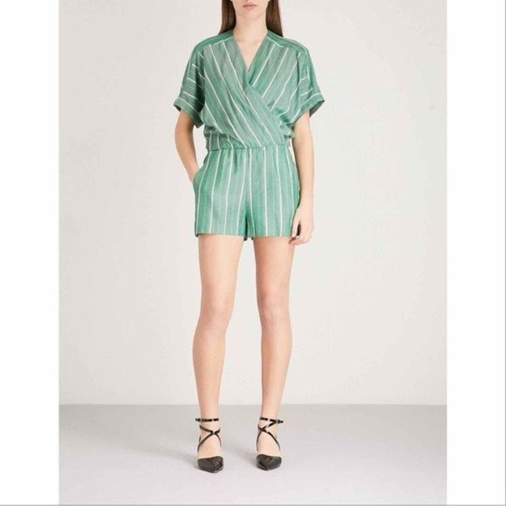 Maje Ipandoni Romper Size M 38 Green Stripe V-Neck Shorts Pockets Elastic Waist